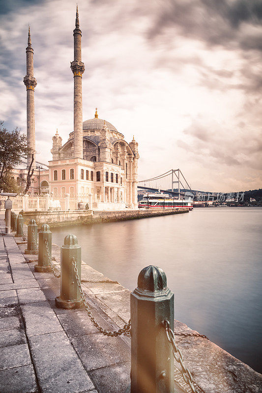 伊斯坦布尔- Ortakoy清真寺与博斯普鲁斯桥的背景